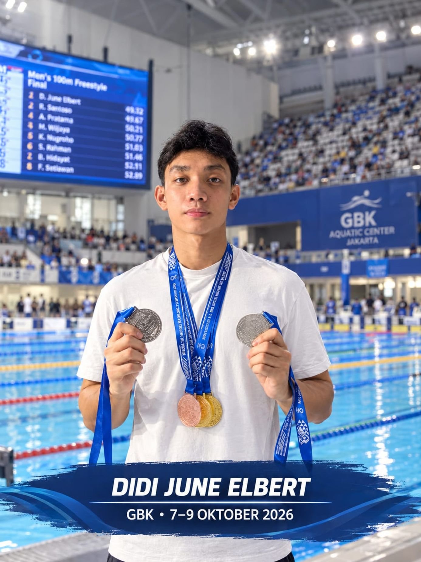 Didi June Elbert, perenang Millennium Aquatic Jakarta sekaligus siswa SMA Muhammadiyah 3 Jakarta, meraih tiga medali emas nomor gaya dada pada KRAPDA DKI Jakarta 2026 di Stadion Akuatik GBK, Senayan, Jakarta.